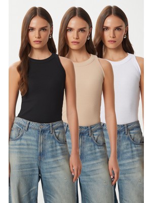 Happiness İstanbul 3’lü Paket Fitilli Örme Atlet LEN0035 Siyah Beyaz Bisküvi