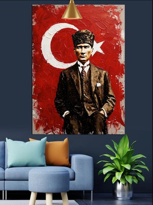 Artmeg Kırmızı Bayraklı Mustafa Kemal Atatürk Tablosu Dekoratif Kanvas - Mdf Ahşap Tablo