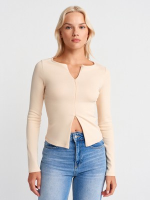 Dilvin 31993 Fermuar Detaylı Uzun Kollu Top-Taş