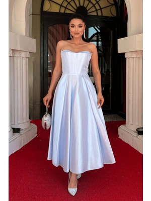 Giyimmasalı Tafta Saten Kumaş Straplez Midi Elbise - Bebe Mavisi