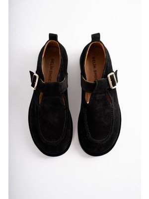 Selin Shoes Cassiel Hakiki Deri Gold Ayarlanabilir Toka Detaylı Kadın Loafer- Siyah Süet