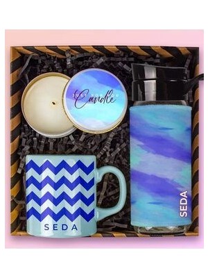 Ejoya Kişiye Özel Hediye Kutusu Renkli Kupa Bardak Matara ve Mum İle