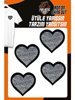 Fantastic Arma Fantastic Gümüş Simli Saçaklı Kalp Modeli Ütü ile Yapışan Dokuma Arma Seti (4 Adet)