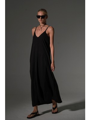 Domoda Ayarlanabilir Ince Askılı Kolay Ütülenen Yazlık Arobin Kumaş Uzun Kadın Elbise @airo