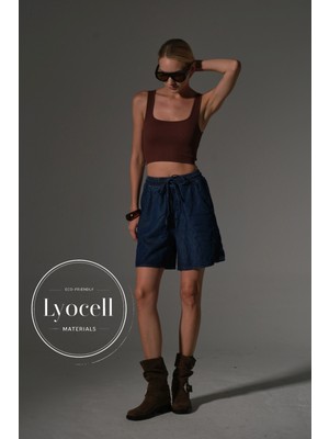 Domoda Doğal Dökümlü Pamuk Lyocell Kumaş Lastikli, Bağcıklı Cepli Kadın Mini Şort