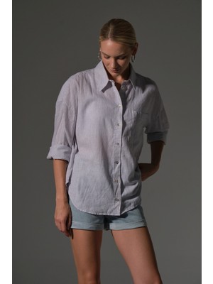 Domoda Keten Karışımlı Sedef Düğme  Ayarlanabilir Uzun Kol Kadın Gömlek @inci