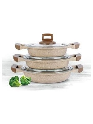 Thermoad Kızartma Tavası Döküm Malzeme ile Kapaklı Sahan Seti 3 Parça Doğal Renk