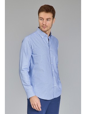 Bisse Regular Fit Paşa Yaka Mavi Pamuk Erkek Gömlek GMEKS0122300223_D35
