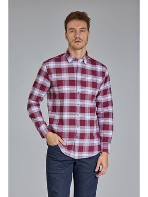 Bisse Modern Fit Paşa Yaka Ekose Bordo Spor Erkek Gömlek GMEKS12300300_D25