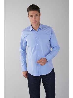 Bisse Uzun Kol Klasik A Yaka Cepsiz Mavi Pamuk Erkek Gömlek GMCZG250067_E35