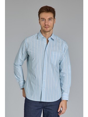 Bisse Regular Fit Spor Yaka Çizgili Açık Mavi Pamuk Erkek Gömlek GMCZG3SP224005_D33