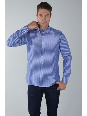 Bisse Regular Fit Uzun Kollu Lacivert Pamuk Keten Erkek Gömlek GMKTN250002_C39