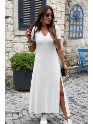 Martcini Kadın Kısa Kollu V Yakalı Maksi Boy Viskon Elbise