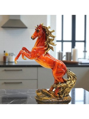 Parlak Polyester Şahlanan At Heykeli – Altın Detaylı Turuncu Dekoratif Figür Vip 60 cm