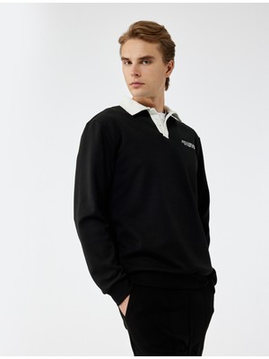 Koton Uzun Kollu Pamuklu Düğmeli Nakışlı Renk Kontrastlı Polo Yaka Sweatshirt