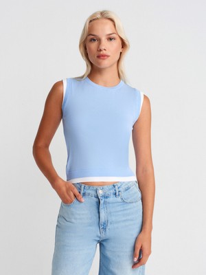 Dilvin 10784 Bisiklet Yaka Çift Görünümlü Triko Bluz-Mavi-Beyaz