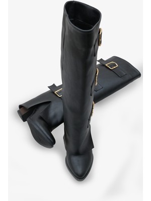 LOJO Kadın Kemer Detaylı Sivri Burun Çizme Asse Siyah