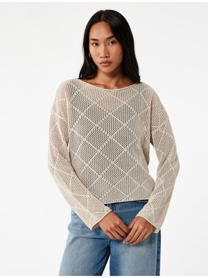 Koton Kayık Yaka Uzun Kollu Triko Ajurlu Kazak