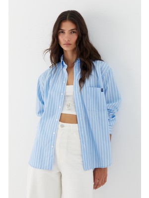 Çizgili Oversize Poplin Gömlek Açık Mavi