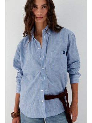 Çizgili Oversize Poplin Gömlek Mavi