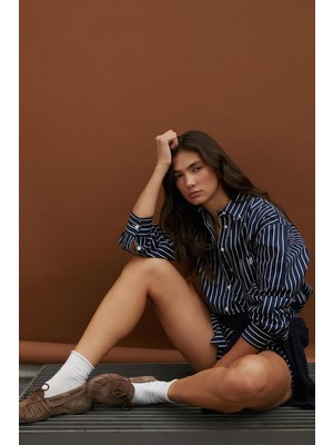 Çizgili Oversize Poplin Gömlek Lacivert