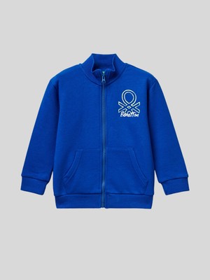 Benetton Mavi Erkek Çocuk Fermuarlı Sweatshirt Uzun Kol Düz Desenli 1-6 Yaş İçin