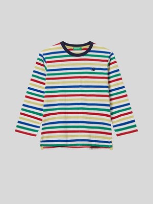 Benetton Erkek Çocuk Beyaz Cizgili Sweatshirt Truvakar Kol 1-6 Yaş Standart Cep Özellikli