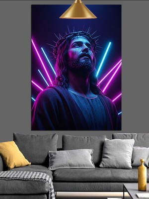 Tablomega Neon Işıklı Isa Tasviri Dekoratif Kanvas - Mdf Ahşap Tablo