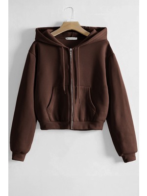 Ghassy Co. Kadın Pamuklu Crop Model Kanguru Cepli Sonbahar ve Ilkbahar Kapüşonlu Crop Sweatshirt