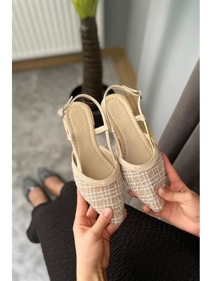 Kadın Bej Keten Arkası Acık Sivri Burun Günlük Babet