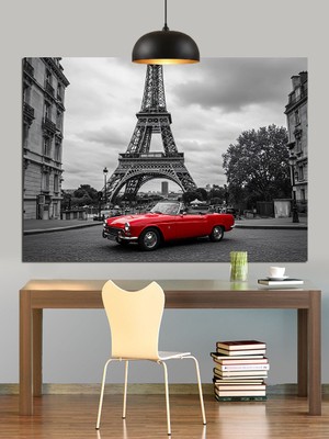 Eyfel Kulesi Önünde Kırmızı Araba Dekoratif Kanvas - Mdf Ahşap Tablo