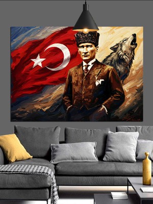 Türk Bayrağı Önünde Atatürk Dekoratif Kanvas - Mdf Ahşap Tablo