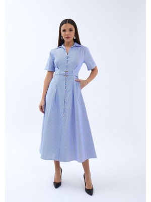 6948 Elbise-Mavi Beyaz Çizgili L-Altın