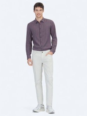 Ekru Düz Dokuma Slim Fit Casual Pamuk Karışımlı Pantolon