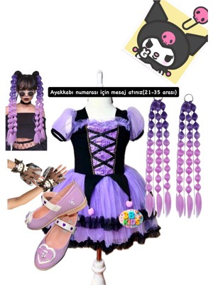 Kuromi Elbise Kostüm Kuromi Saç Kuromi Eldiven Kuromi Babet Hediye Doğum Günü Set