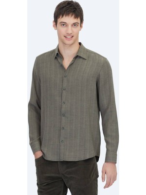 Haki Çizgili Regular Fit Dokuma Casual Gömlek