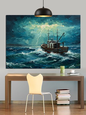 Fırtınalı Denizde Balıkçı Teknesi Dekoratif Kanvas - Mdf Ahşap Tablo
