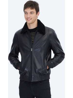 Kip Siyah Regular Fit Gömlek Yaka Casual Koyun Derisi Deri Mont