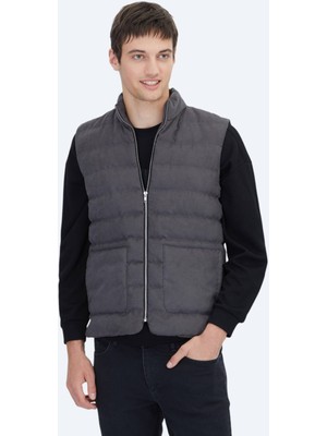 Gri Regular Fit Dik Yaka Casual Dokuma Spor Yelek