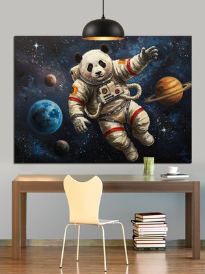Uzayda Uçan Panda Astronot Dekoratif Kanvas - Mdf Ahşap Tablo