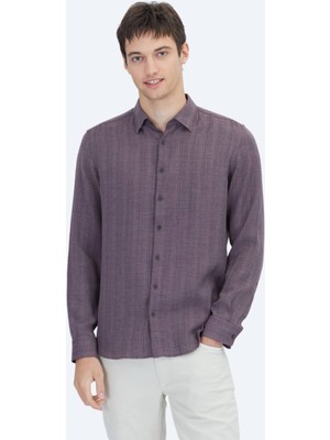 Mürdüm Çizgili Regular Fit Dokuma Casual Gömlek
