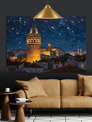 Gece Işığında Galata Kulesi Dekoratif Kanvas - Mdf Ahşap Tablo