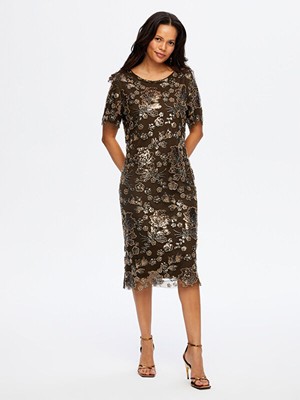 Boncuk ve Payet Işli Çiçek Desenli Kısa Kollu Abiye Elbise W26ABY008