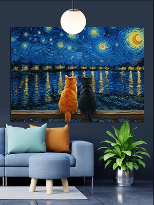 Yıldızlı Gece ve Kediler Dekoratif Kanvas - Mdf Ahşap Tablo