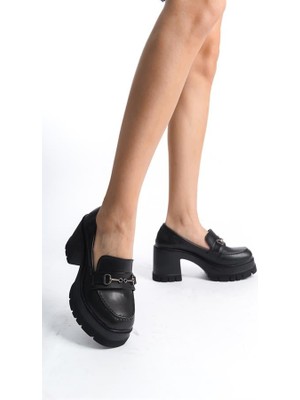 Kadın Siyah Cilt Tokalı 8 cm Topuklu Platformlu Ayakkabı