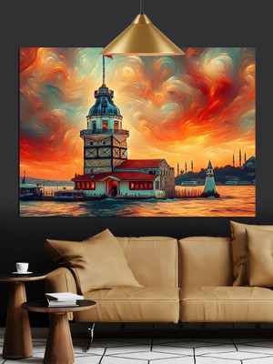 Renkli Gökyüzünde Kız Kulesi Dekoratif Kanvas - Mdf Ahşap Tablo