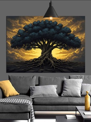 Altın Işıklı Yaşlı Ağaç Dekoratif Kanvas - Mdf Ahşap Tablo