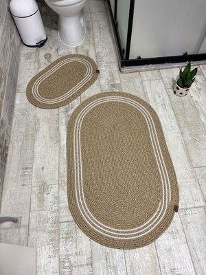 Jüt Hasır 2li Banyo Paspas Takımı-Bej Ortası Aralıklı Beyaz