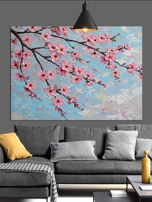 Pembe Çiçekli Bahar Dalları Dekoratif Kanvas - Mdf Ahşap Tablo