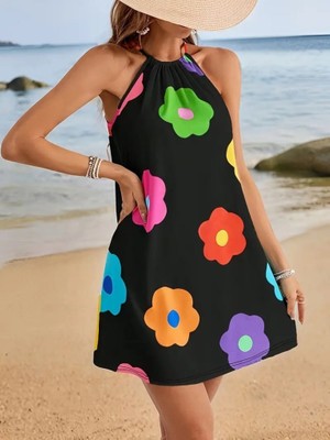 Kadın Boyundan Askılı Kolsuz Çiçek Desenli Süprem Elbise